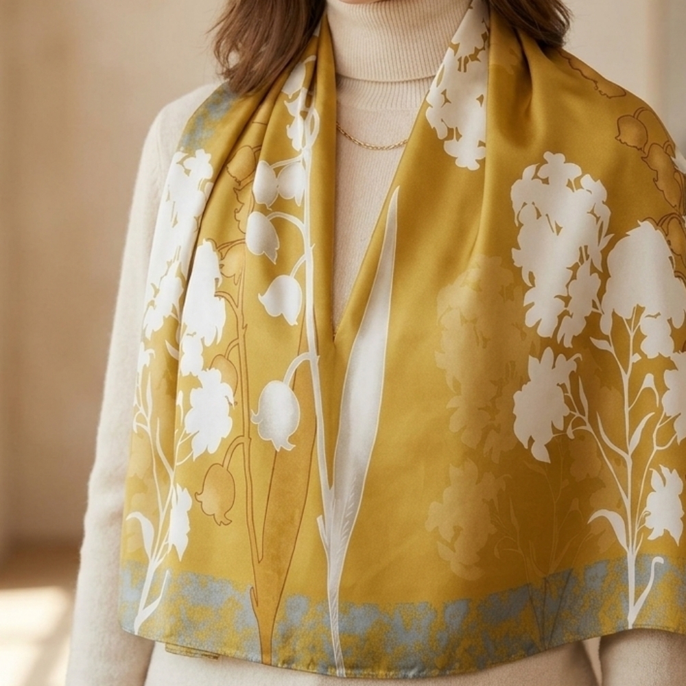 NWT Lily of the Valley Floral Satin Neck Scarf Head Wrap Yellow White 35" × 35" - Picture 3 of 8